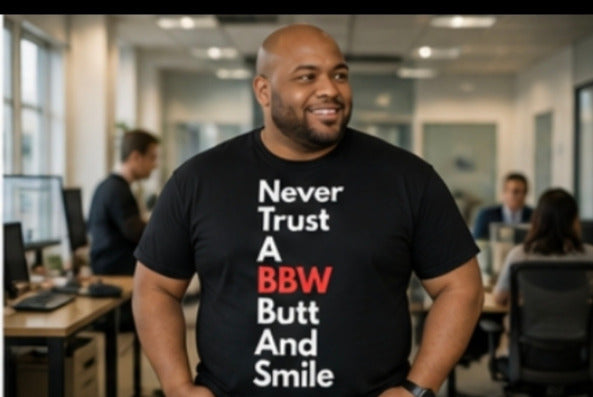 "Never Trust A BBW Butt And Smile" T shirt Bold Text Graphic Tee